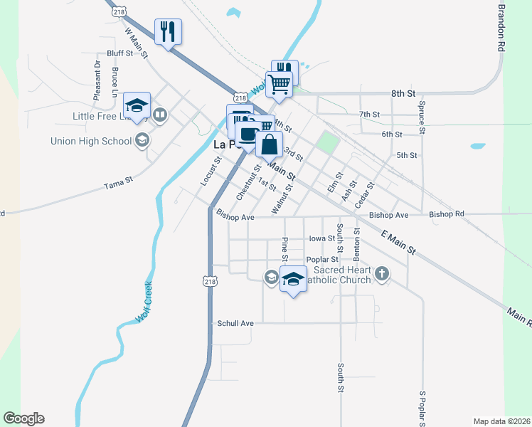 map of restaurants, bars, coffee shops, grocery stores, and more near 604 Sycamore Street in La Porte City
