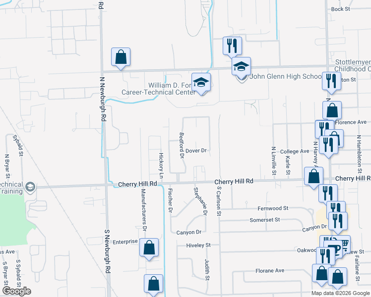 map of restaurants, bars, coffee shops, grocery stores, and more near 350 Bedford Drive in Westland