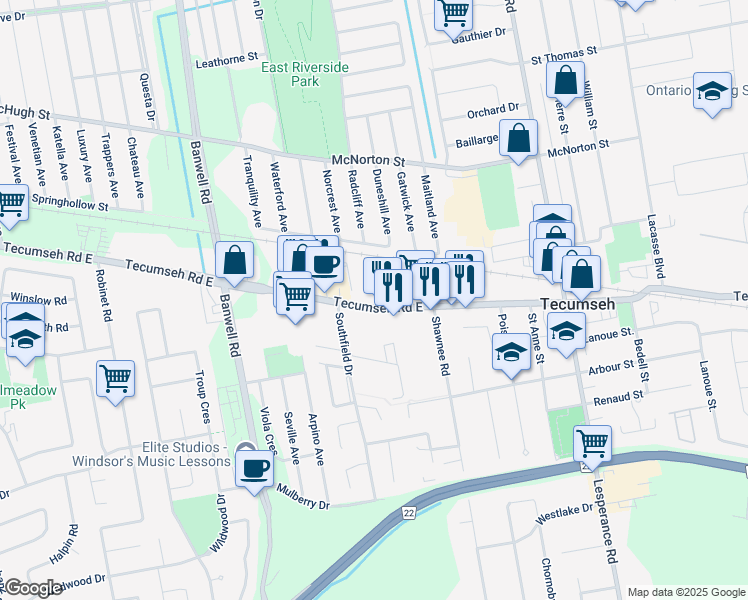map of restaurants, bars, coffee shops, grocery stores, and more near 11910 Tecumseh Road in Windsor