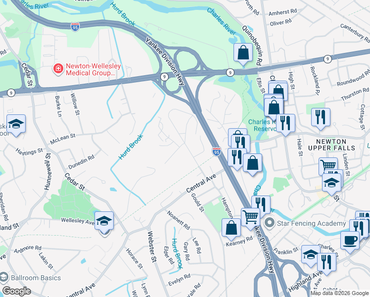 map of restaurants, bars, coffee shops, grocery stores, and more near 6 Evergreen Rd in Needham