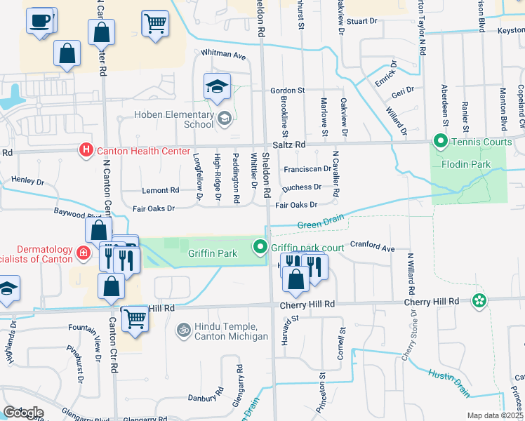 map of restaurants, bars, coffee shops, grocery stores, and more near 44451 Fair Oaks Drive in Canton