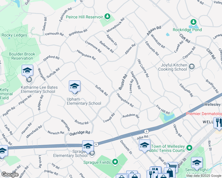 map of restaurants, bars, coffee shops, grocery stores, and more near 62 Hampshire Road in Wellesley