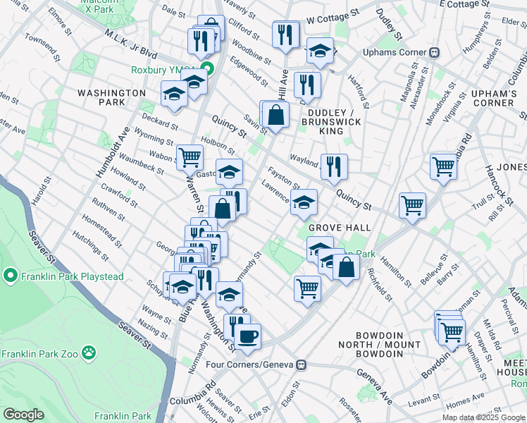 map of restaurants, bars, coffee shops, grocery stores, and more near 25 Creston Street in Boston