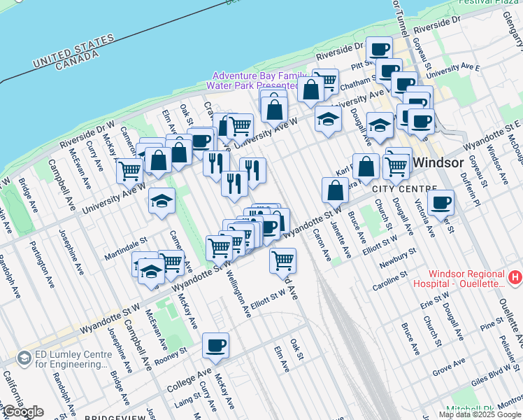map of restaurants, bars, coffee shops, grocery stores, and more near 510 Crawford Avenue in Windsor