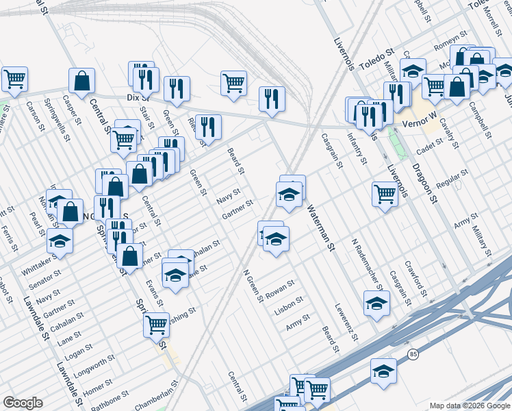 map of restaurants, bars, coffee shops, grocery stores, and more near 1811 Beard Street in Detroit
