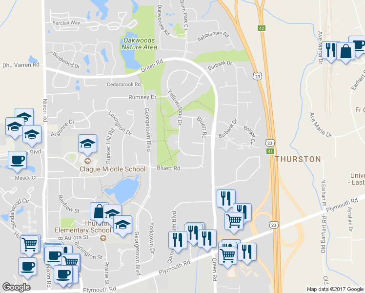 map of restaurants, bars, coffee shops, grocery stores, and more near 3330 Yellowstone Drive in Ann Arbor