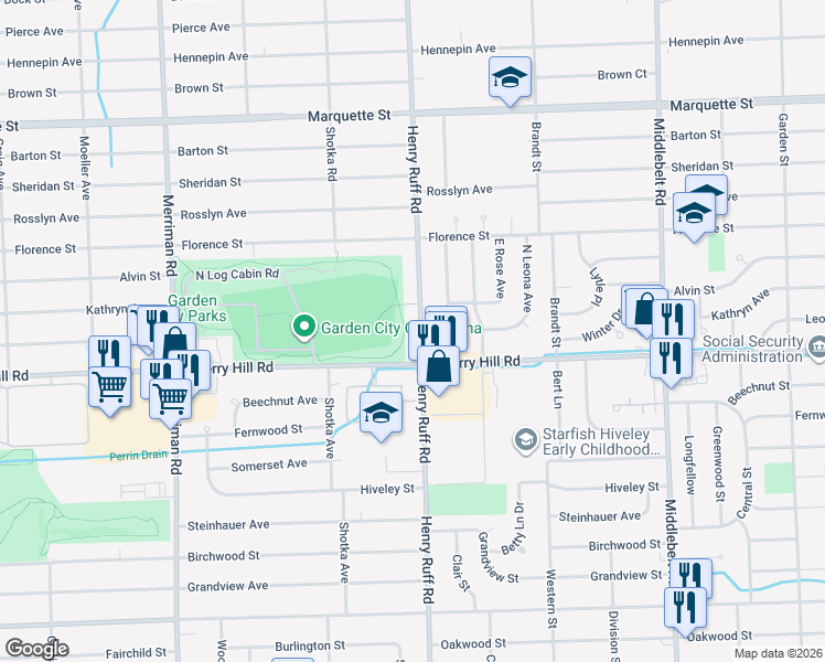 map of restaurants, bars, coffee shops, grocery stores, and more near 201 Henry Ruff Road in Garden City