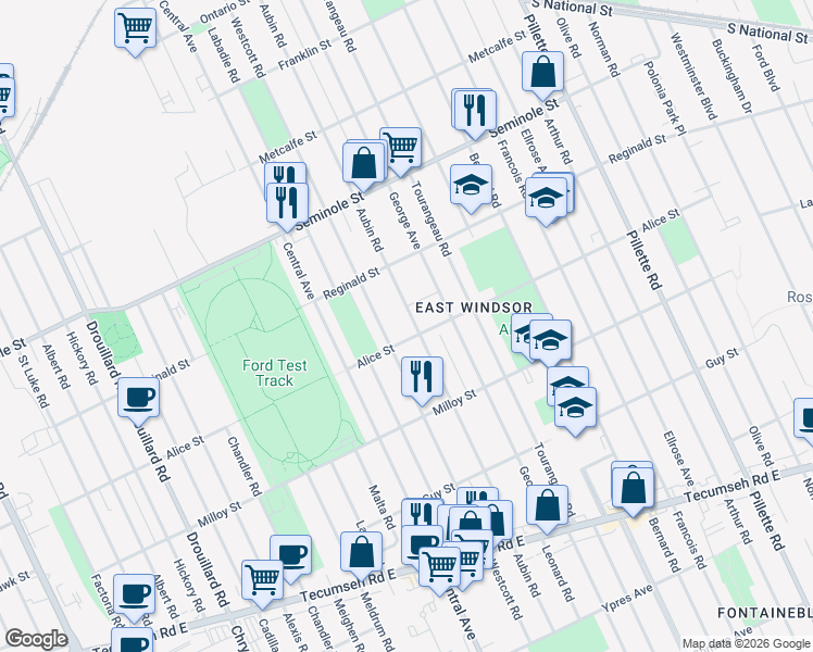 map of restaurants, bars, coffee shops, grocery stores, and more near 1685 Aubin Road in Windsor