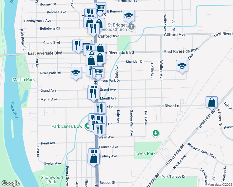 map of restaurants, bars, coffee shops, grocery stores, and more near 537 Grand Avenue in Loves Park