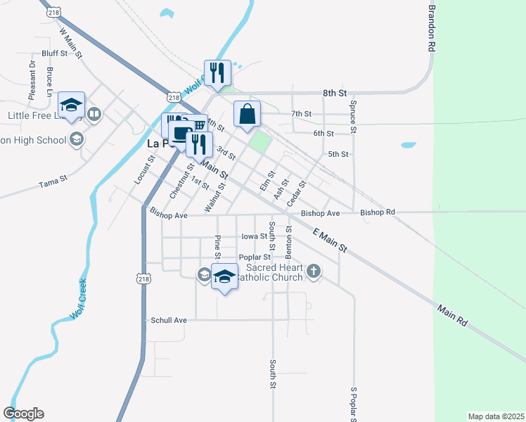 map of restaurants, bars, coffee shops, grocery stores, and more near 802 Bishop Avenue in La Porte City