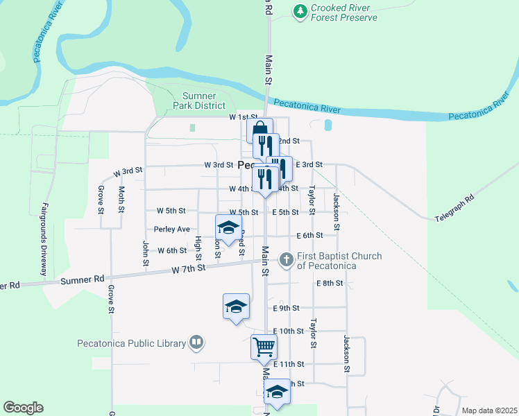 map of restaurants, bars, coffee shops, grocery stores, and more near 527 Main Street in Pecatonica