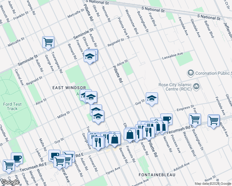 map of restaurants, bars, coffee shops, grocery stores, and more near 1811 Arthur Road in Windsor