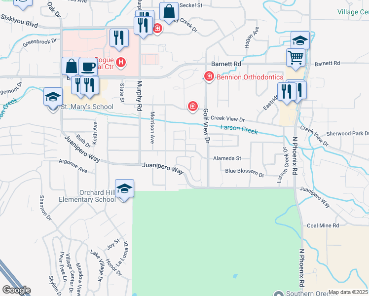 map of restaurants, bars, coffee shops, grocery stores, and more near 3141 Alameda Street in Medford