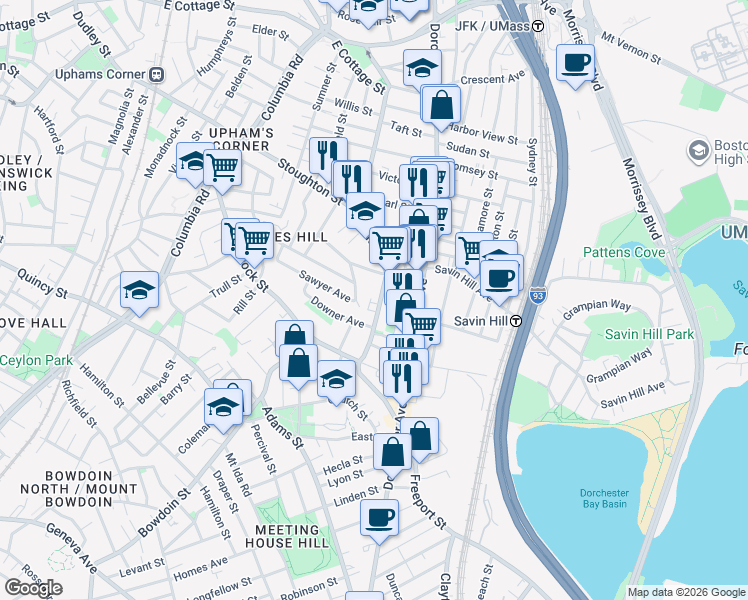 map of restaurants, bars, coffee shops, grocery stores, and more near 109 Pleasant Street in Boston