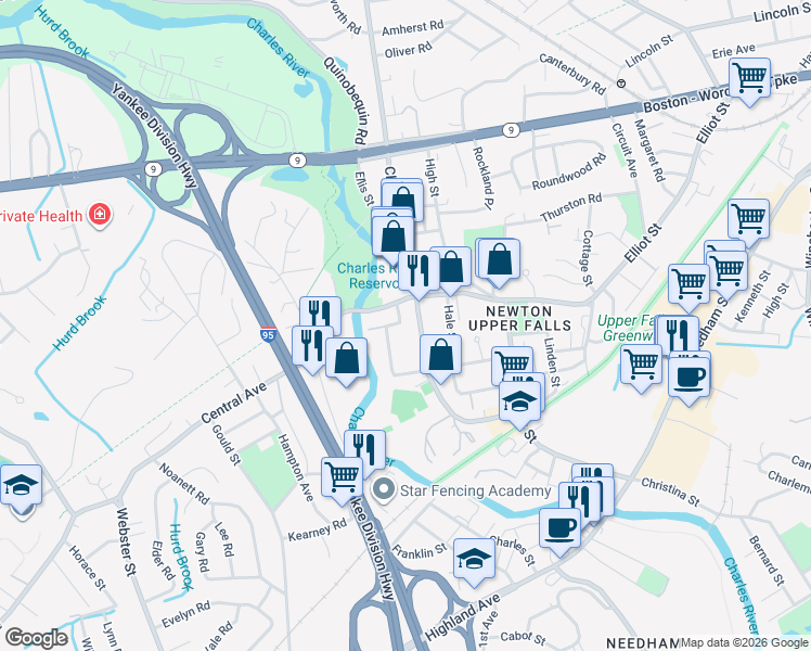 map of restaurants, bars, coffee shops, grocery stores, and more near 1075 Chestnut Street in Newton