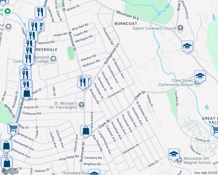 map of restaurants, bars, coffee shops, grocery stores, and more near 41 Housatonic Street in Worcester