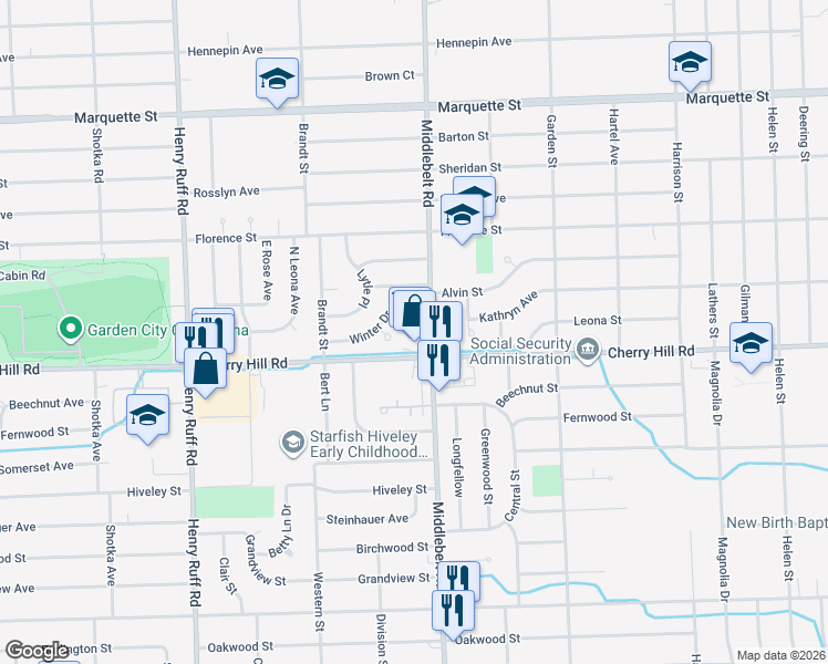 map of restaurants, bars, coffee shops, grocery stores, and more near 157 Middlebelt Road in Garden City