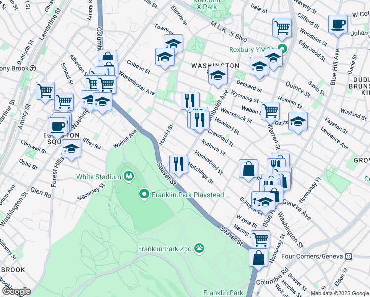 map of restaurants, bars, coffee shops, grocery stores, and more near 83 Homestead Street in Boston