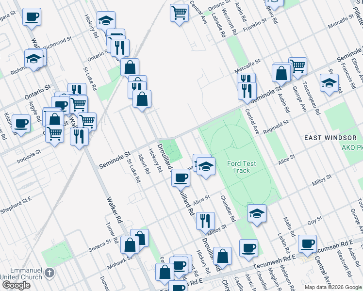 map of restaurants, bars, coffee shops, grocery stores, and more near 1527 Alexis Street in Windsor