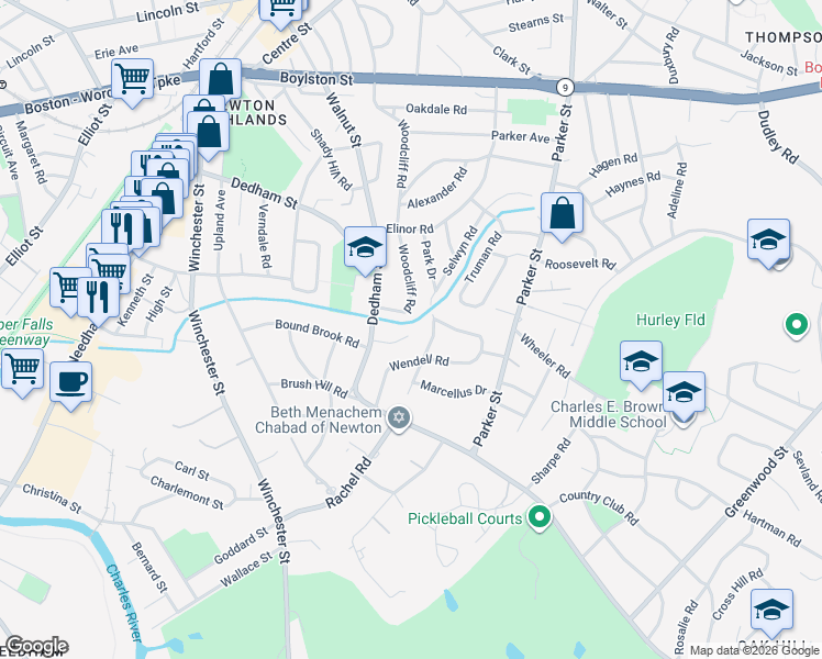 map of restaurants, bars, coffee shops, grocery stores, and more near 36 Cannon Street in Newton