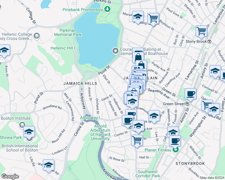 map of restaurants, bars, coffee shops, grocery stores, and more near 40 Eliot Street in Boston