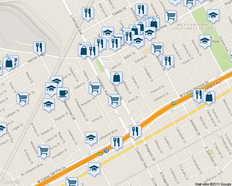 map of restaurants, bars, coffee shops, grocery stores, and more near 1301 Dragoon St in Detroit