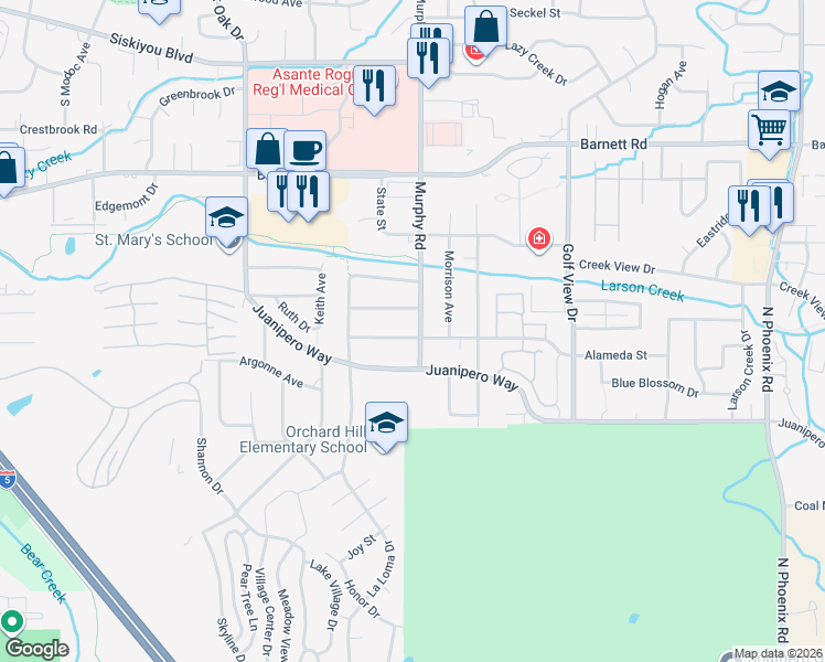 map of restaurants, bars, coffee shops, grocery stores, and more near 2857 Alameda Street in Medford