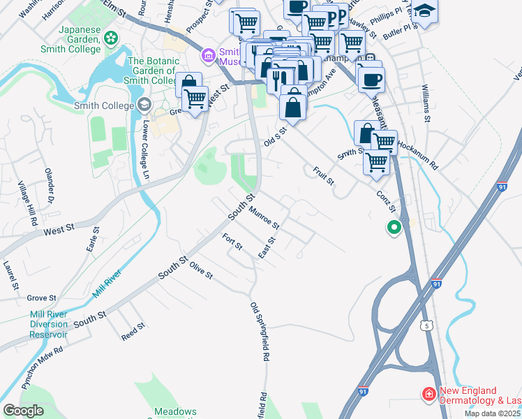 map of restaurants, bars, coffee shops, grocery stores, and more near 12 Munroe Street in Northampton