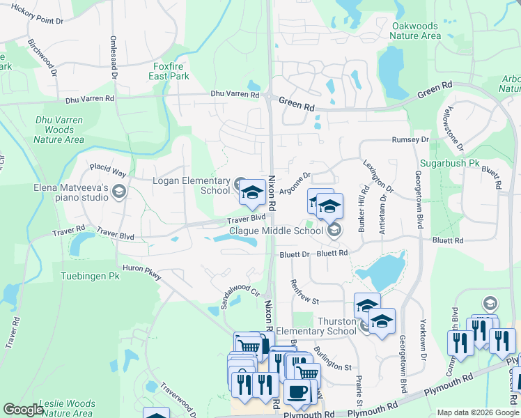 map of restaurants, bars, coffee shops, grocery stores, and more near 2695 Traver Boulevard in Ann Arbor