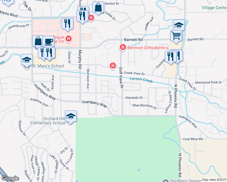 map of restaurants, bars, coffee shops, grocery stores, and more near 3145 Alameda Street in Medford