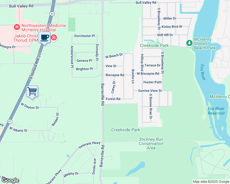 map of restaurants, bars, coffee shops, grocery stores, and more near 1200 Carey Drive in McHenry