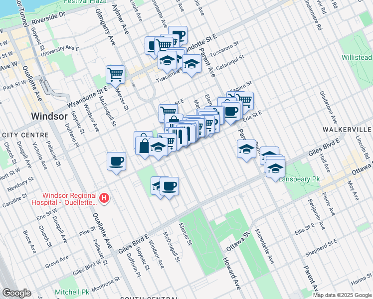 map of restaurants, bars, coffee shops, grocery stores, and more near 573 Erie Street East in Windsor