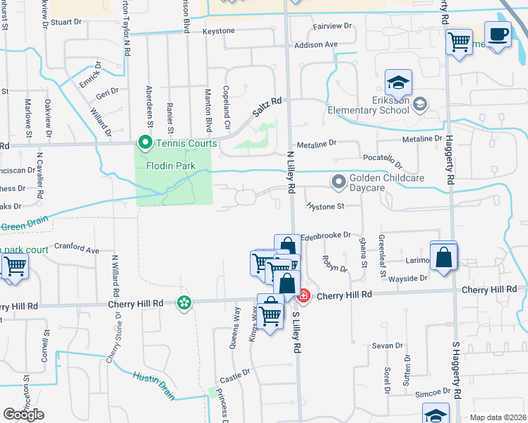 map of restaurants, bars, coffee shops, grocery stores, and more near 42757 Lilley Pointe Drive in Canton