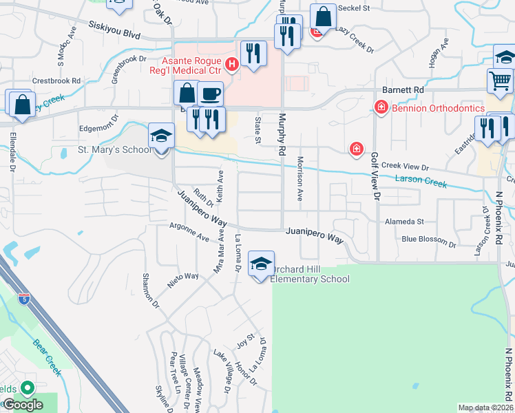 map of restaurants, bars, coffee shops, grocery stores, and more near 2825 Alameda Street in Medford