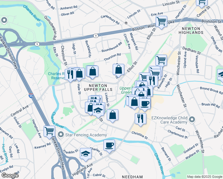 map of restaurants, bars, coffee shops, grocery stores, and more near 18 Cheney Court in Newton