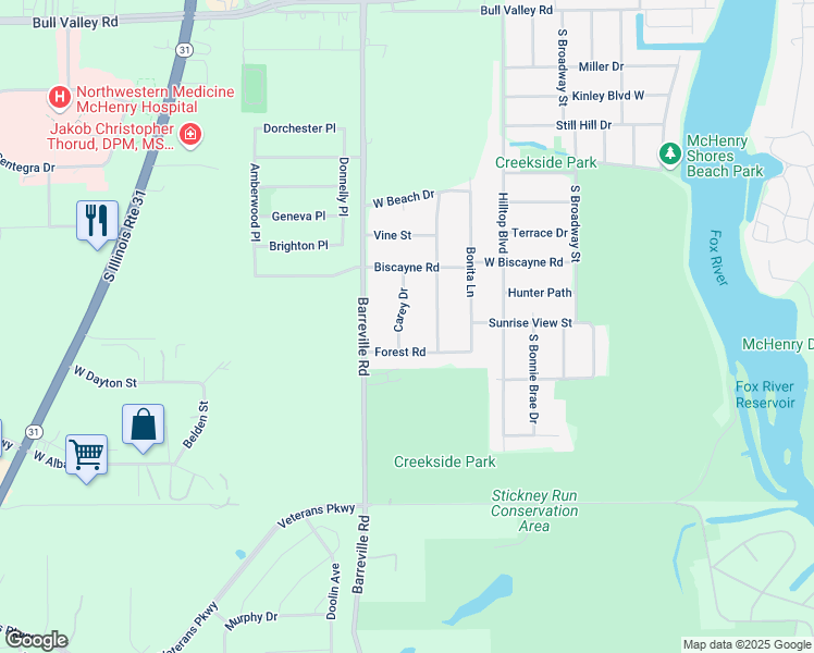 map of restaurants, bars, coffee shops, grocery stores, and more near 1200 Carey Drive in McHenry