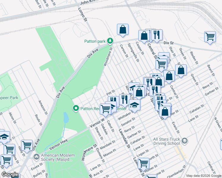 map of restaurants, bars, coffee shops, grocery stores, and more near 2521 Wendell Street in Detroit