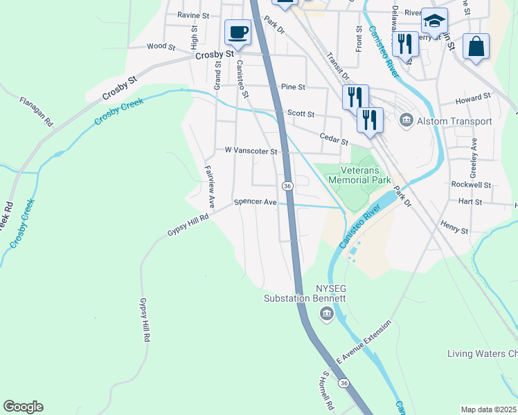 map of restaurants, bars, coffee shops, grocery stores, and more near 452 Bennett Parkway in Hornell