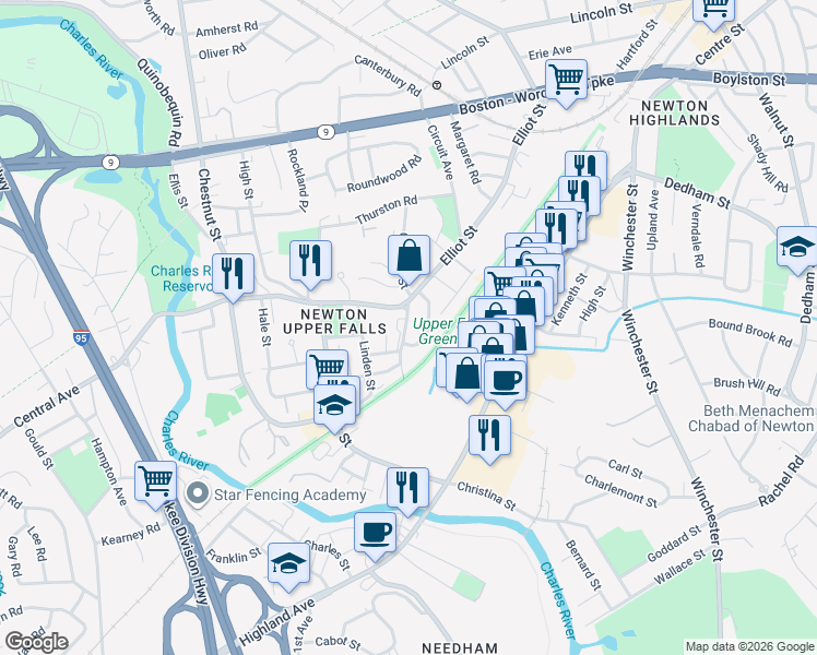 map of restaurants, bars, coffee shops, grocery stores, and more near 24 Mechanic Street in Newton