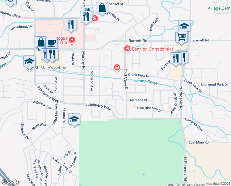 map of restaurants, bars, coffee shops, grocery stores, and more near 3141 Alameda Street in Medford