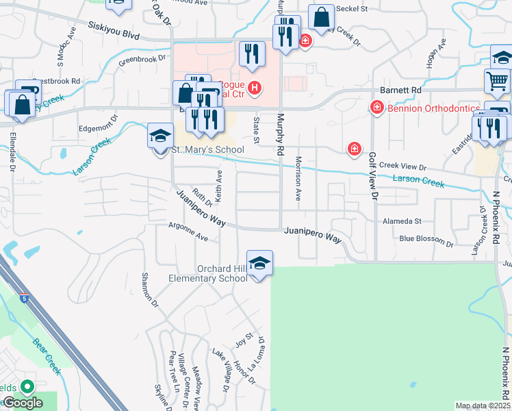 map of restaurants, bars, coffee shops, grocery stores, and more near 2825 Alameda Street in Medford