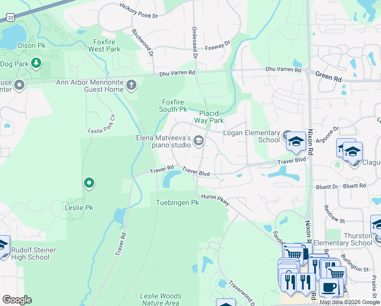 map of restaurants, bars, coffee shops, grocery stores, and more near 2745 Tuebingen Parkway in Ann Arbor