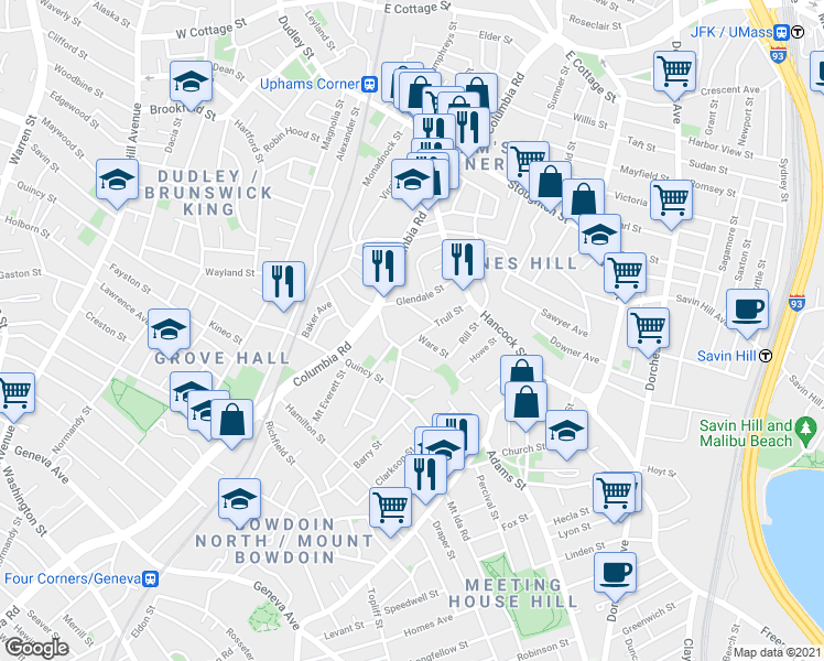 map of restaurants, bars, coffee shops, grocery stores, and more near 25 Trull Street in Boston