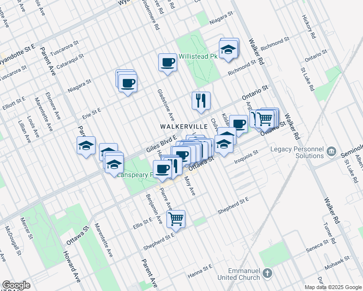 map of restaurants, bars, coffee shops, grocery stores, and more near 1235 Gladstone Avenue in Windsor