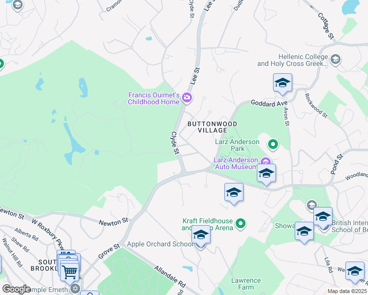 map of restaurants, bars, coffee shops, grocery stores, and more near 11 Larkin Road in Brookline