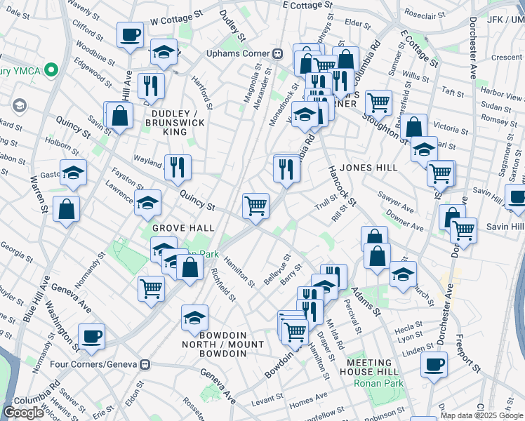 map of restaurants, bars, coffee shops, grocery stores, and more near 410 Columbia Road in Boston