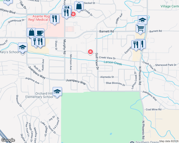 map of restaurants, bars, coffee shops, grocery stores, and more near 3145 Alameda Street in Medford