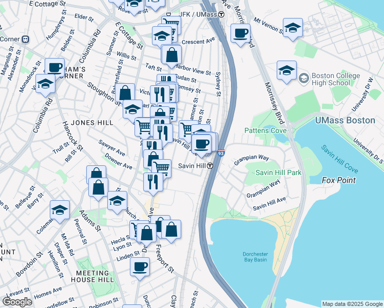 map of restaurants, bars, coffee shops, grocery stores, and more near 87 Savin Hill Avenue in Boston