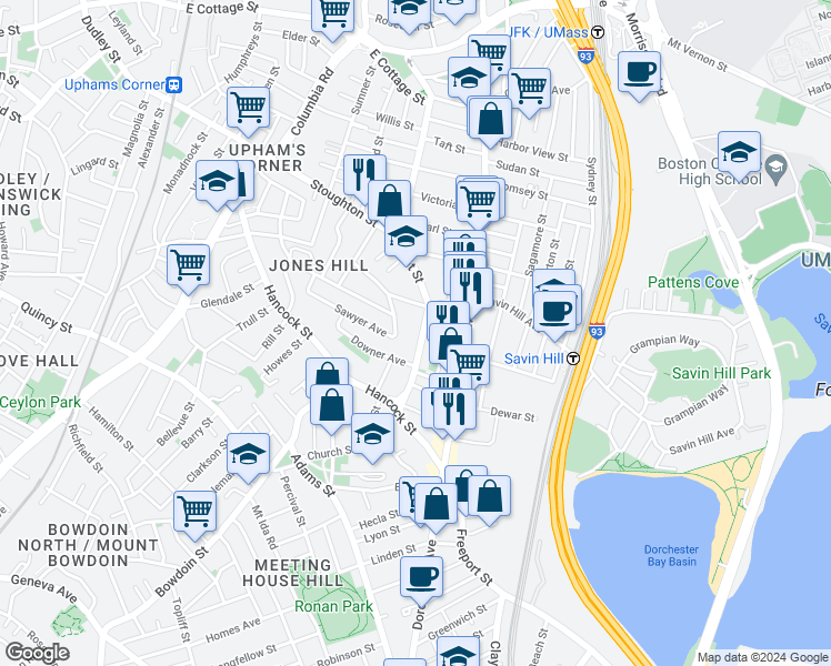 map of restaurants, bars, coffee shops, grocery stores, and more near 109 Pleasant Street in Boston