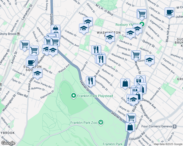 map of restaurants, bars, coffee shops, grocery stores, and more near 83 Homestead Street in Boston